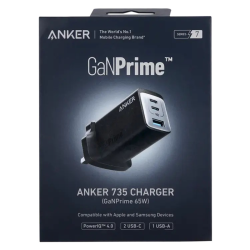 Anker 735 Charger GaNPrime 65W 3 Ports 2 USBC & 1 USB A Black Anker 735 Charger GaNPrime 65W 3 Ports 2 USBC & 1 USB A Black